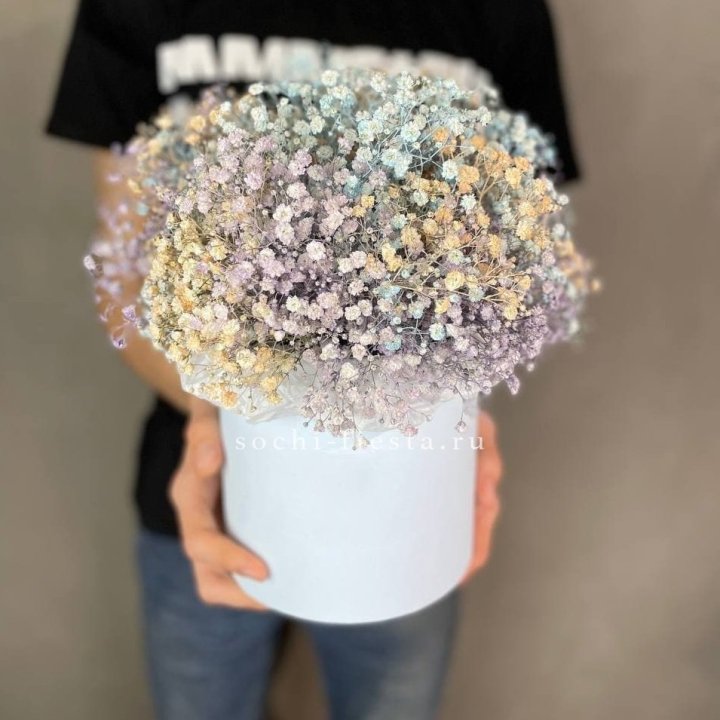 9 Радужных гипсофил в шляпной коробке в Иркутске