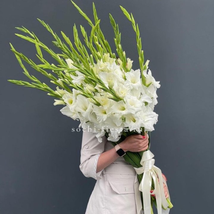 19 белых гладиолусов под ленту в Иркутске