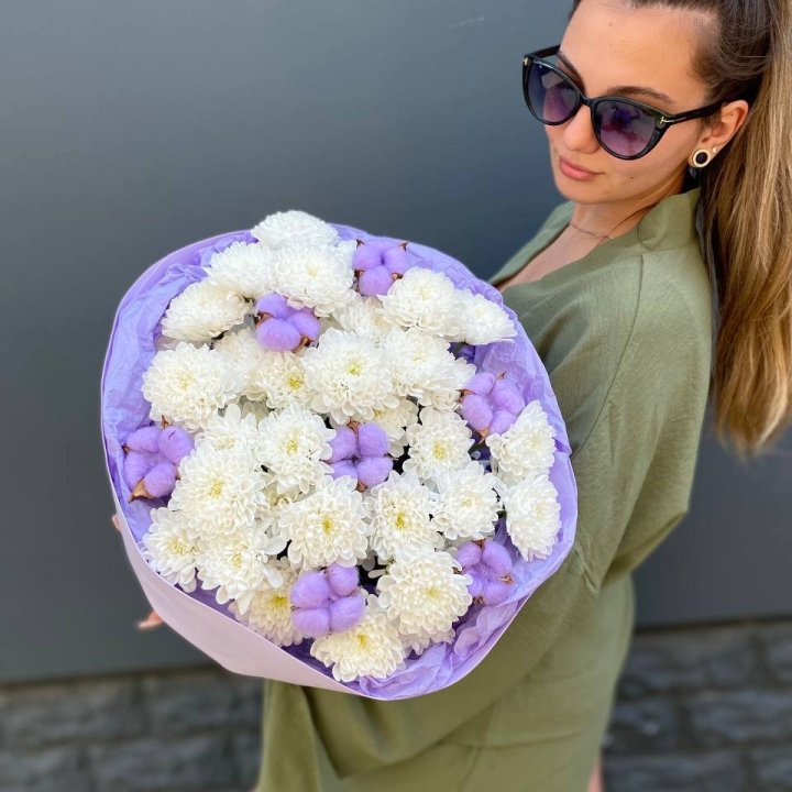  Букет  хризантем и хлопка в Иркутске