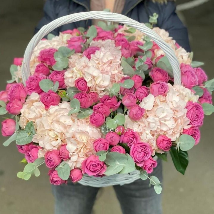 Корзина с гортензией и Мисти Баблс в Иркутске